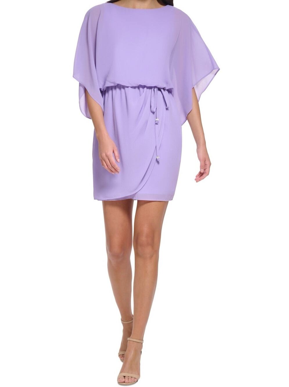 Women’s Dress Medium Chiffon Purple Midi Drape Shoulder Tassel NWOT By Tiana B.